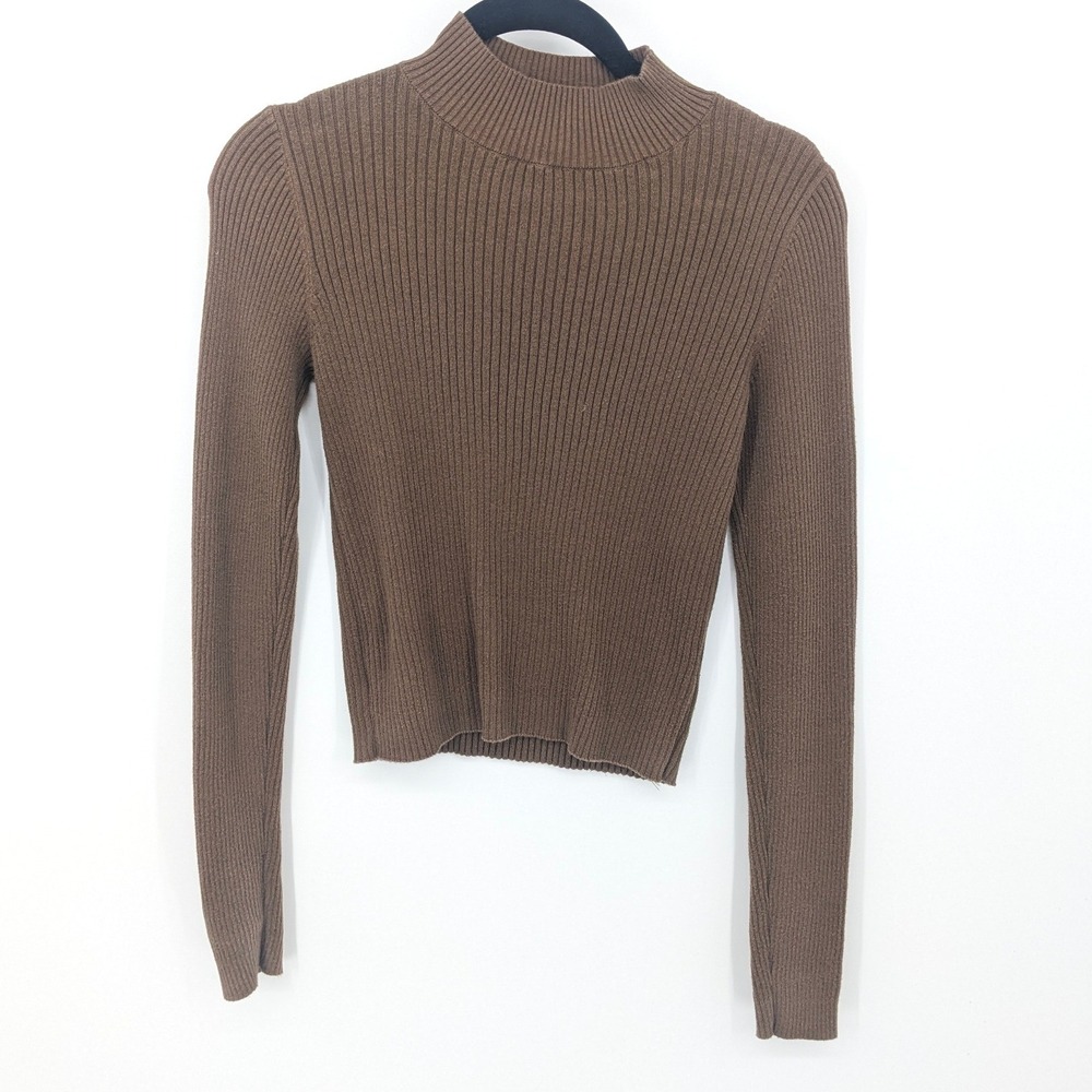 John Galt Y2K Sweater Ribbed Mock Neck Womens One Size Brown Cotton Long Sleeve